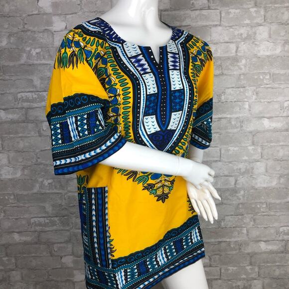 Izzy & Liv Unisex Yellow Blue One Size Fits Most Dashiki Shirt - Picture 2 of 6